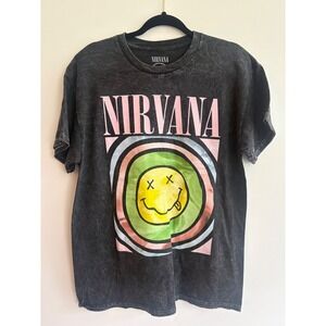 Nirvana Grunge Band Graphic Tee Smiley Face Mineral Wash Charcoal Large